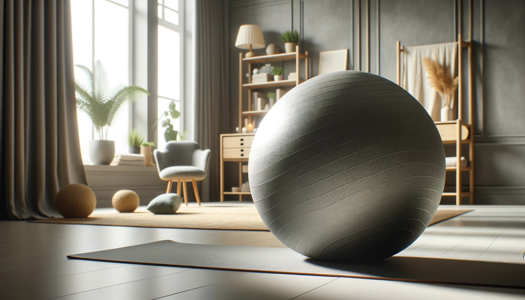 Best Yoga Exercise Ball Australia YogaMatStore   DALL·E 2024 02 05 22.00.23 Close Up Of A Yoga Exercise Ball In A Home Setting Emphasizing The Texture And Material Of The Ball. The Background Shows A Yoga Mat And A Peaceful C.webp